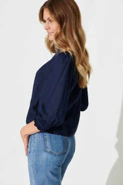 Best Lanie Top In Navy Cotton Linen Tops|Casual