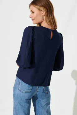 Best Lanie Top In Navy Cotton Linen Tops|Casual