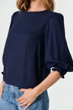 Best Lanie Top In Navy Cotton Linen Tops|Casual