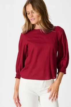 Discount Lanie Top in Wine Cotton Linen Tops