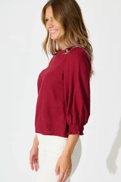 Discount Lanie Top in Wine Cotton Linen Tops
