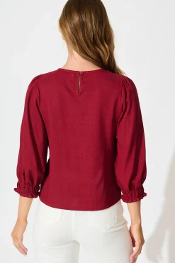 Discount Lanie Top in Wine Cotton Linen Tops