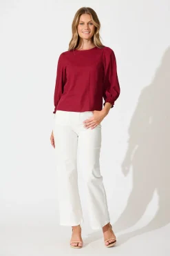 Discount Lanie Top in Wine Cotton Linen Tops