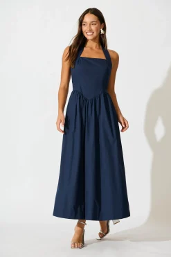 Online Lanna Halter Neck Maxi Dress in Navy Cotton Dresses|Wedding Guest