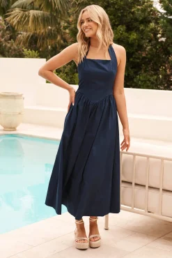 Online Lanna Halter Neck Maxi Dress in Navy Cotton Dresses|Wedding Guest