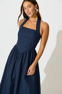 Online Lanna Halter Neck Maxi Dress in Navy Cotton Dresses|Wedding Guest