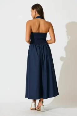 Online Lanna Halter Neck Maxi Dress in Navy Cotton Dresses|Wedding Guest