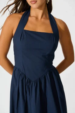 Online Lanna Halter Neck Maxi Dress in Navy Cotton Dresses|Wedding Guest