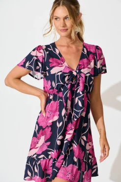 Clearance Lara Dress In Navy with Pink Floral Dresses|Casual