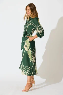 Sale Larson Midi Shirt Dress in Green with Cream Leaf Linen Blend Dresses|Casual