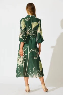 Sale Larson Midi Shirt Dress in Green with Cream Leaf Linen Blend Dresses|Casual