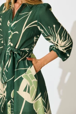 Sale Larson Midi Shirt Dress in Green with Cream Leaf Linen Blend Dresses|Casual