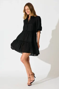 Fashion Layla Smock Dress in Black Linen Blend Dresses|Casual