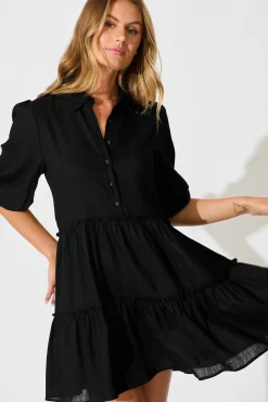 Fashion Layla Smock Dress in Black Linen Blend Dresses|Casual