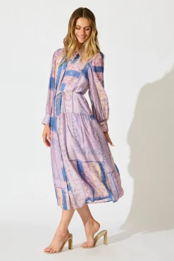 Fashion Layton Maxi Shirt Dress in Lilac and Blue Patchwork Dresses|Party