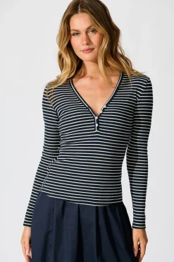 Sale Leighton Top in Navy with Cream Stripe Cotton Blend Tops|Casual