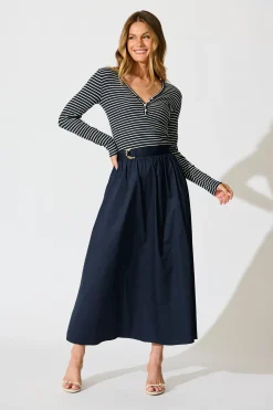 Sale Leighton Top in Navy with Cream Stripe Cotton Blend Tops|Casual