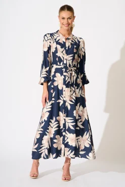 Online Leilani Maxi Dress in Navy with Cream Floral Dresses|Casual
