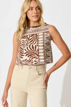Sale Leona Top in Chocolate and Cream Tile Print Tops|Casual