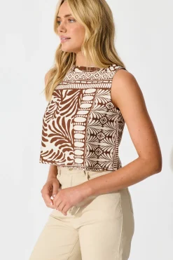 Sale Leona Top in Chocolate and Cream Tile Print Tops|Casual
