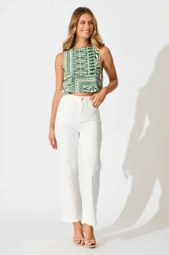 Discount Leona Top in Green and Cream Tile Print Tops|Casual