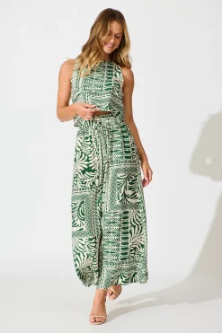 Discount Leona Top in Green and Cream Tile Print Tops|Casual