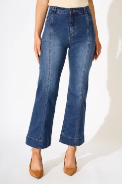 Discount Leonie High Rise Straight Leg Jean in Mid Blue Denim Bottoms