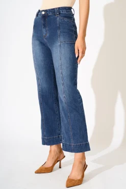 Discount Leonie High Rise Straight Leg Jean in Mid Blue Denim Bottoms