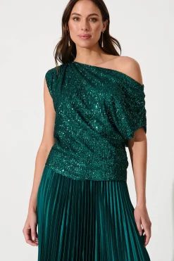 Online Liana Off Shoulder Top In Emerald Sequin Tops|Party & Occasion