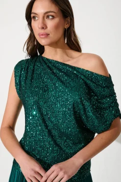 Online Liana Off Shoulder Top In Emerald Sequin Tops|Party & Occasion