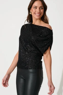 Best Liana Off Shoulder Top in Black Sequin Tops|Party & Occasion