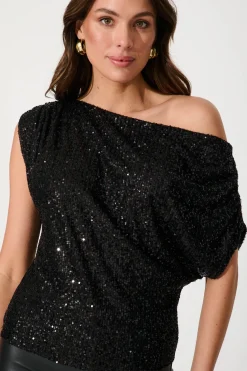 Best Liana Off Shoulder Top in Black Sequin Tops|Party & Occasion