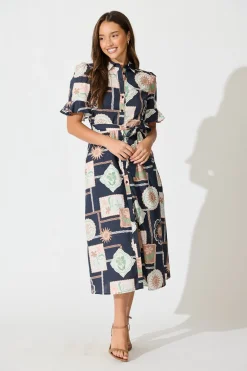 Online Libby Midi Shirt Dress in Navy with Multi Postcard Print Cotton Dresses|Casual