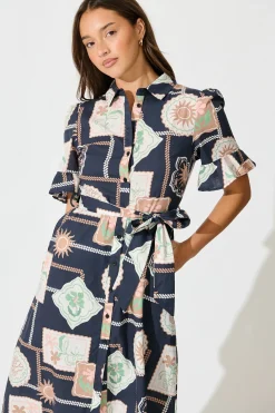 Online Libby Midi Shirt Dress in Navy with Multi Postcard Print Cotton Dresses|Casual