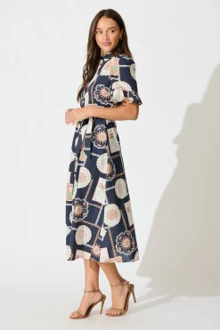 Online Libby Midi Shirt Dress in Navy with Multi Postcard Print Cotton Dresses|Casual