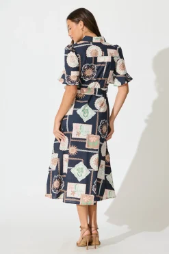 Online Libby Midi Shirt Dress in Navy with Multi Postcard Print Cotton Dresses|Casual