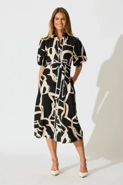 Clearance Libra Midi Shirt Dress in Black with Cream Swirl Print Linen Blend Dresses|Casual