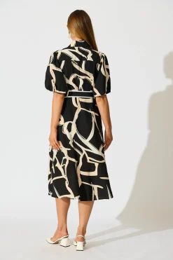 Clearance Libra Midi Shirt Dress in Black with Cream Swirl Print Linen Blend Dresses|Casual
