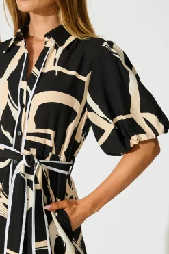 Clearance Libra Midi Shirt Dress in Black with Cream Swirl Print Linen Blend Dresses|Casual