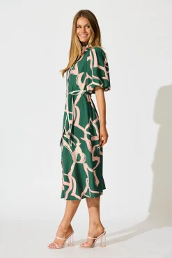 Outlet Libra Midi Shirt Dress in Green with Pink Swirl Print Linen Blend Dresses|Casual