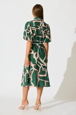 Outlet Libra Midi Shirt Dress in Green with Pink Swirl Print Linen Blend Dresses|Casual