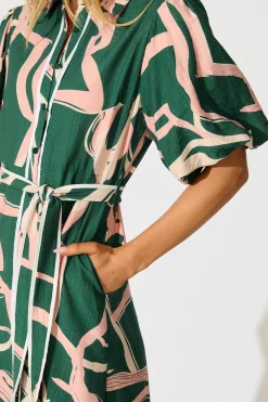 Outlet Libra Midi Shirt Dress in Green with Pink Swirl Print Linen Blend Dresses|Casual