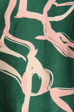 Outlet Libra Midi Shirt Dress in Green with Pink Swirl Print Linen Blend Dresses|Casual