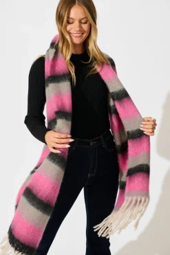Online Lilah Knit Scarf in Black with Pink Stripe Knitwear|Knitwear