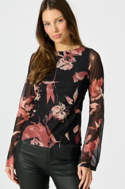 Best Lily Of Love Mesh Top in Black Floral Print Tops|Casual