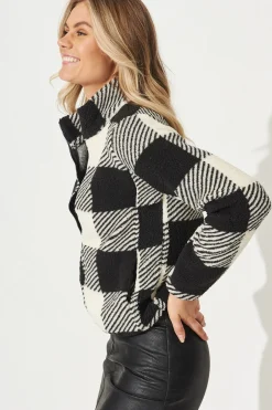 New Linea Fluffy Jacket In Black With Beige Check Outerwear|Outerwear