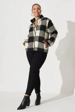 New Linea Fluffy Jacket In Black With Beige Check Outerwear|Outerwear