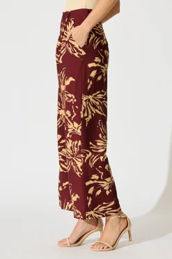 Online Linear Bloom Pant in Wine with Cream Print Bottoms|Pants