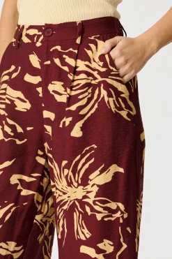 Online Linear Bloom Pant in Wine with Cream Print Bottoms|Pants