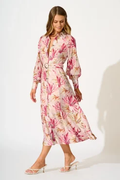 Discount Lira Midi Shirt Dress in Pink Leaf Print Dresses|Party